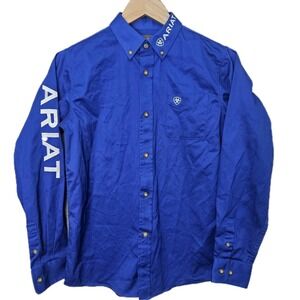 Ariat Boys Team Logo Shirt L 14-16 Blue Twill Button Down Western Rodeo Cowboy